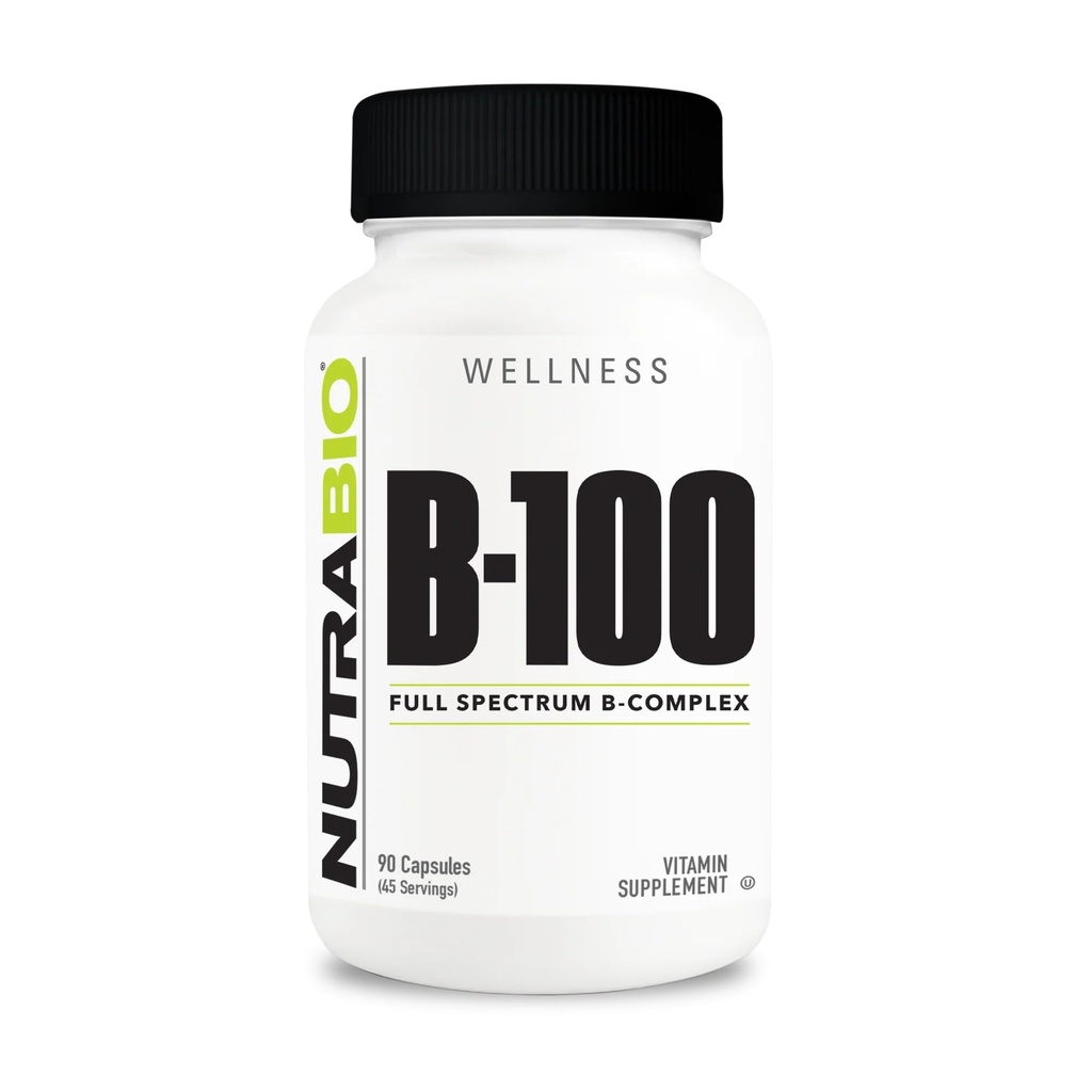 NutraBio B-100, B σύμπλοκο βιταμίνης, υποστήριξη ανοσοποιητικού συστήματος, υγιή μαλλιά, δέρμα, νύχια, 90 κάψουλες λαχανικών