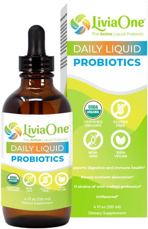 LiviaOne Daily Liquid Probiotics, USDA-Certified Organic Probiotics, Allergen- και Gluten-free Vegan Probiotic για γυναίκες και άνδρες, Non-GMO και Raw, 4 Fl Oz (Pack of 1)