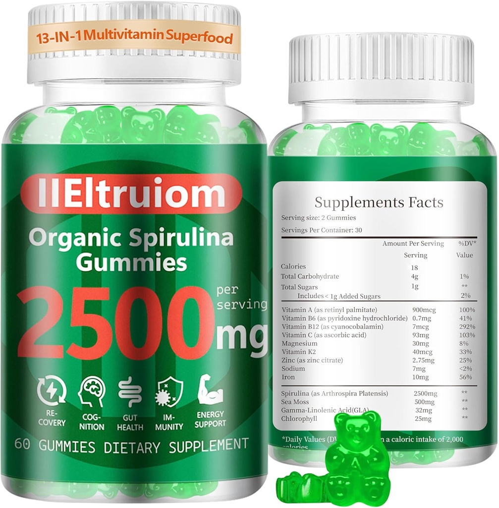 Organic Blue Spirulina Chlorella Gummies, 13-σε-1 Super Greens & Superfoods, Spirulina 2500mg Ενισχυμένη Καθημερινή Ενέργεια με θαλάσσια Moss, Chlorophyl, GLA, Χωρίς Γλουτένη, 60 Vegan Gummies