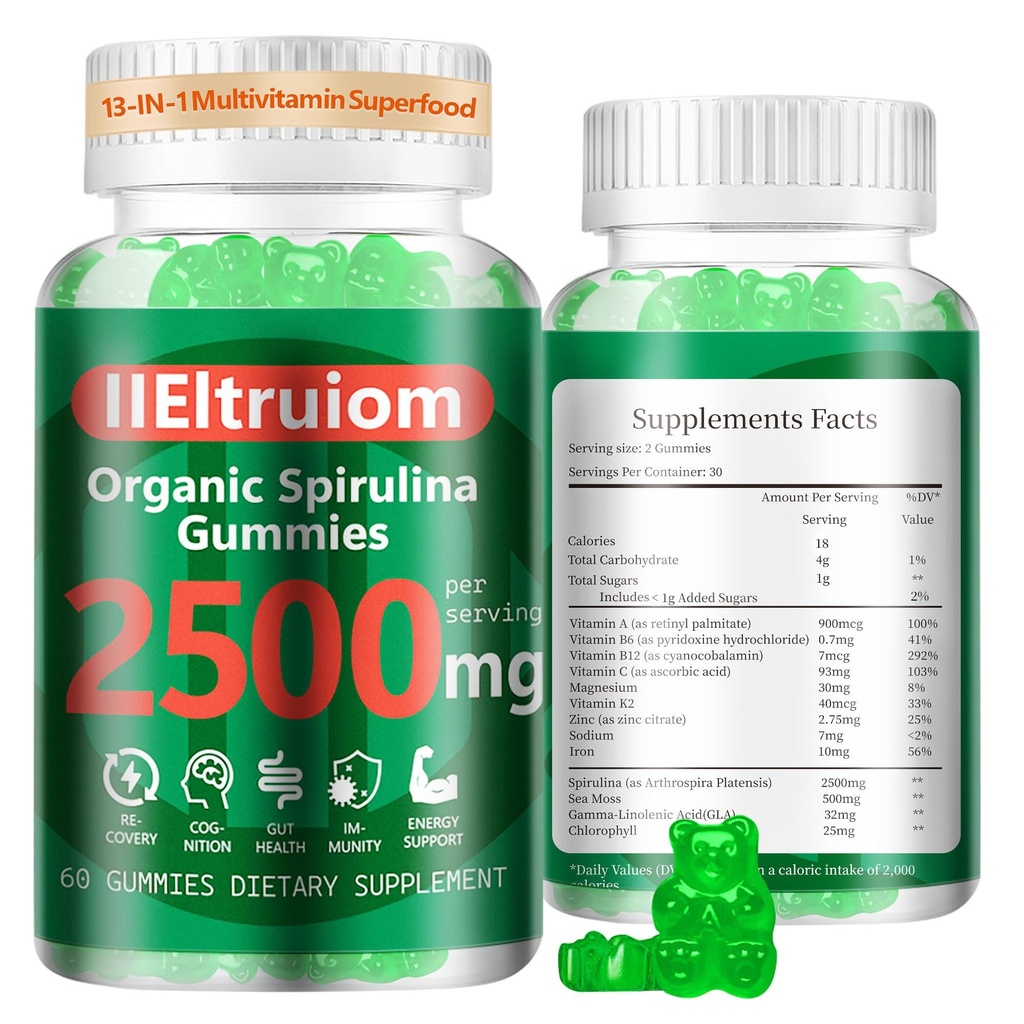 Organic Blue Spirulina Chlorella Gummies, 13-in-1 Super Greens & Superfoods, Spirulina 2500mg Enhanced Daily Energy with Sea Moss, Chlorophyll, GLA, Gluten Free, 60 Vegan Gummies