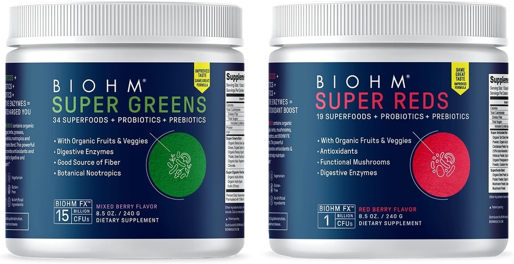BIOHM Super Reds and Greens Bundle, Superfood Powder with Probiotics and Digestive Enzymes, Packed with Antioxidants and Polyphenols, Allergen Free, Non-GMO, Vegan - 30 Servies Κάθε ένα