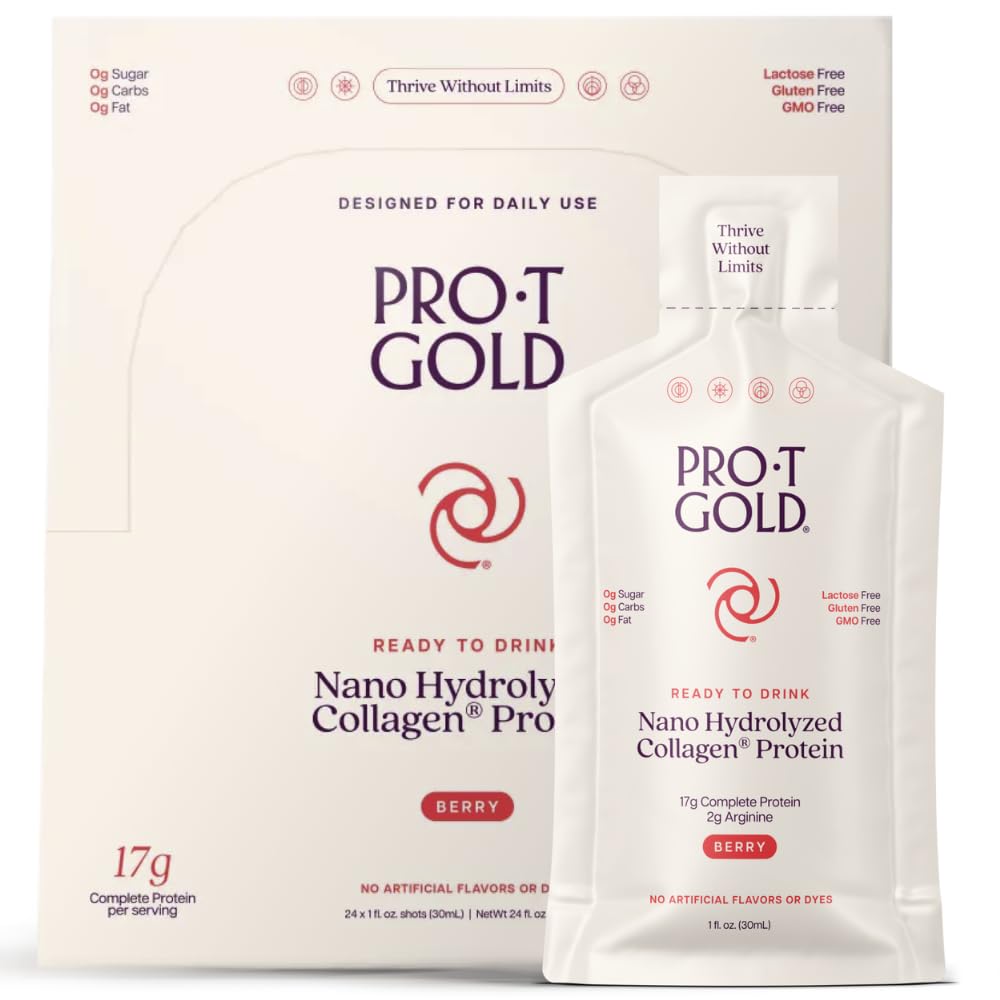 ProT Gold Liquid Collagen Protein Shot, 17g Clear Protein Nano-Hydrolyzed Grass Fed Collagen, 2g Arginine για υποστήριξη τραύματος, Χωρίς γλουτένη, Χωρίς ζάχαρη, 0g Carbs, μη GMO, Berry, 1 fl oz, 24 Pack