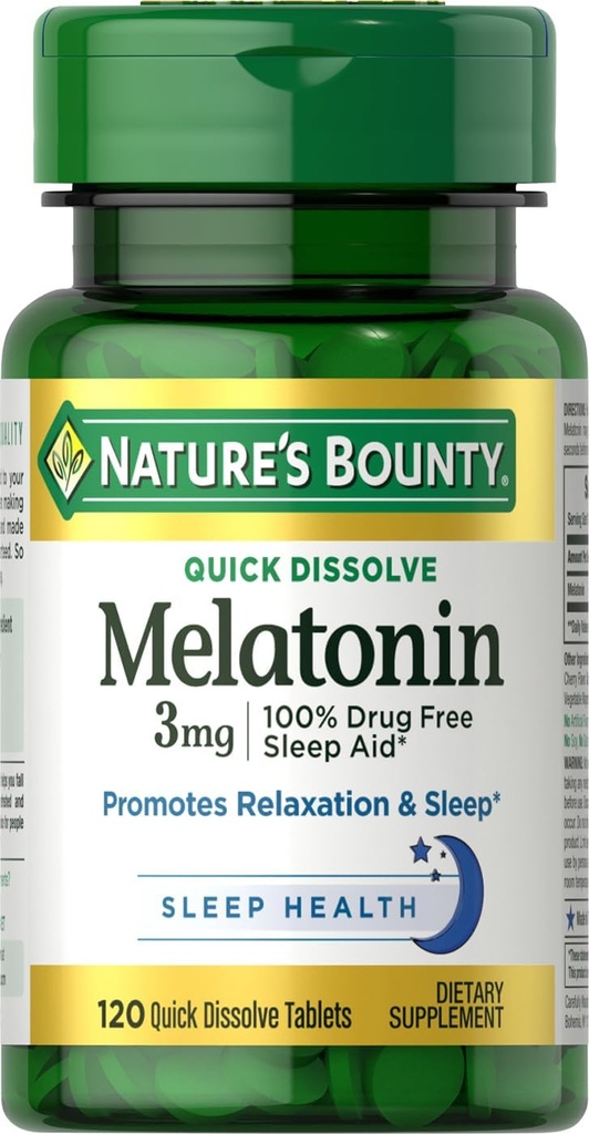Nature's Bounty Melatonin, Προωθεί την χαλάρωση & τον ύπνο, 100% χωρίς φάρμακα Sleep Aid, 3 mg, 120 Quick Dissolve Tablets