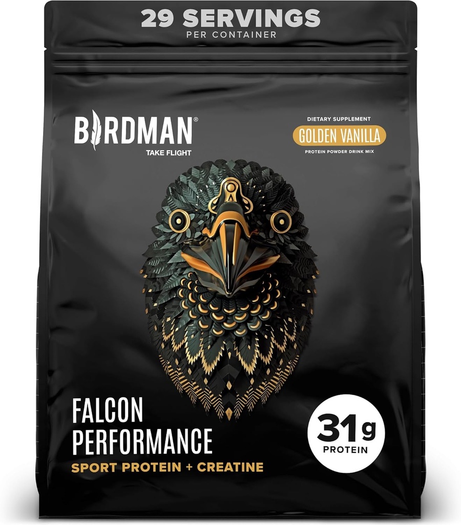 BIRDMAN Falcon Performance Vegan Protein Powder, 31g Protein, 5g Createine, 5g BCAA, Probiotics, Electrolytes, Προ προπόνηση, χαμηλή υδατάνθρακες, χωρίς ζάχαρη & γαλακτοκομικά, Πρωτεΐνες βανίλιας με βάση φυτά, 29 υπηρεσίες