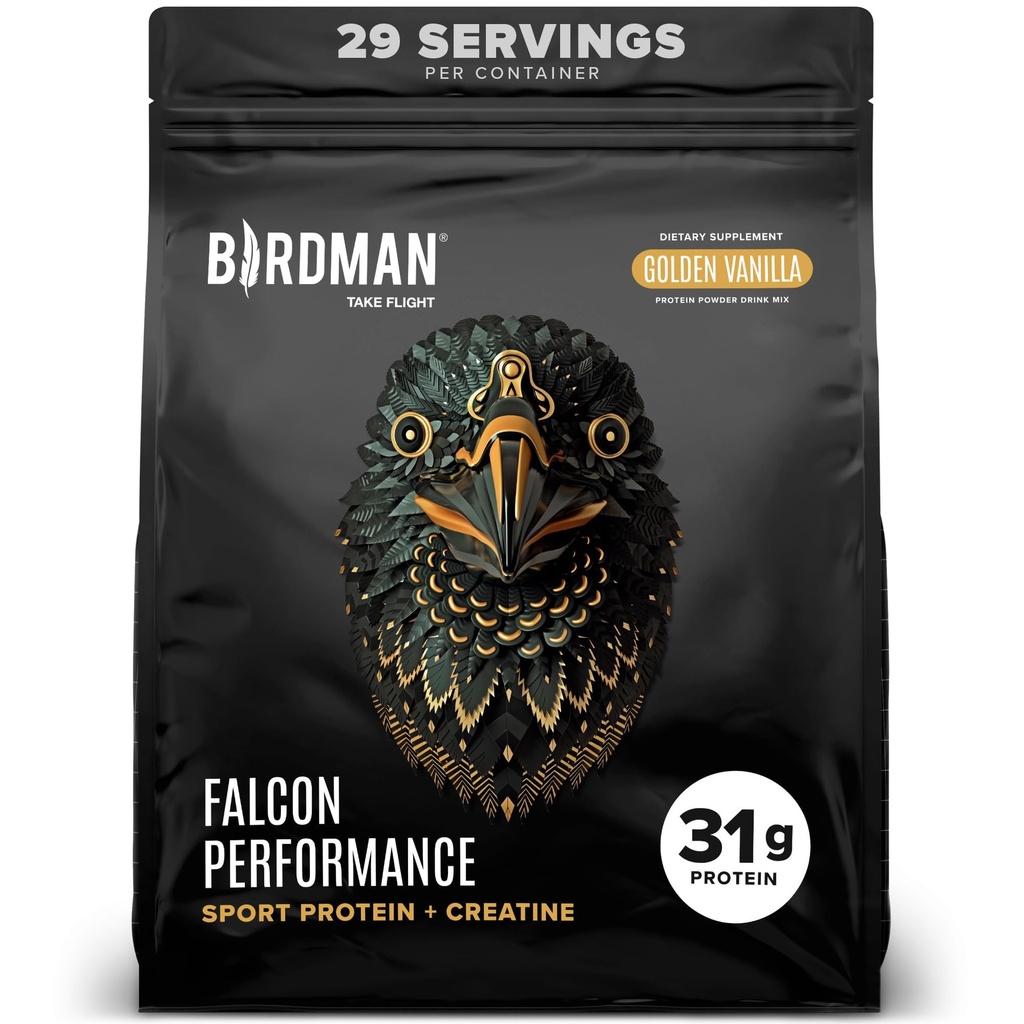 BIRDMAN Falcon Performance Vegan Protein Powder, 31g Protein, 5g Creatine, 5g BCAA, Probiotics, Electrolytes, Προ προπόνηση, χαμηλή υδατάνθρακες, χωρίς ζάχαρη & γαλακτοκομικά, Πρωτεΐνες βανίλιας με βάση το φυτό, 29 υπηρεσίες