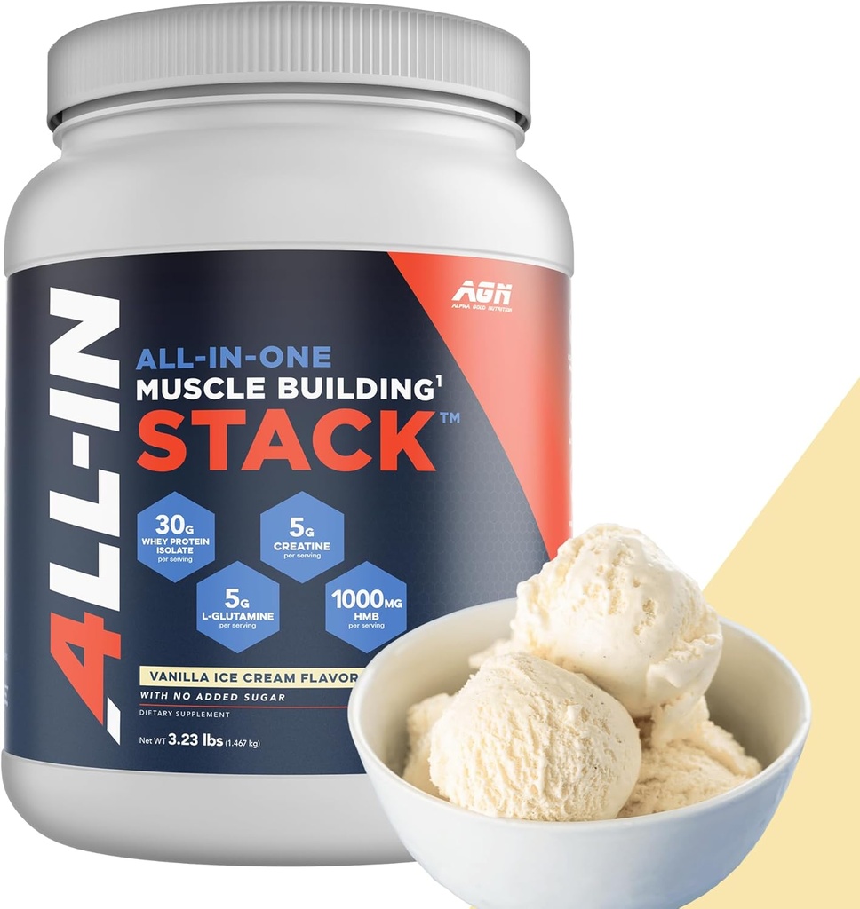 Στοίβα όλου του μυός - Βανίλια Whey Protein Isolate, Creatine Monohydrate, HMB, και L-Γλουταμίνη, 4 προϊόντα σε ένα, Τίποτα Τεχνητό, 30 εξυπηρετούν