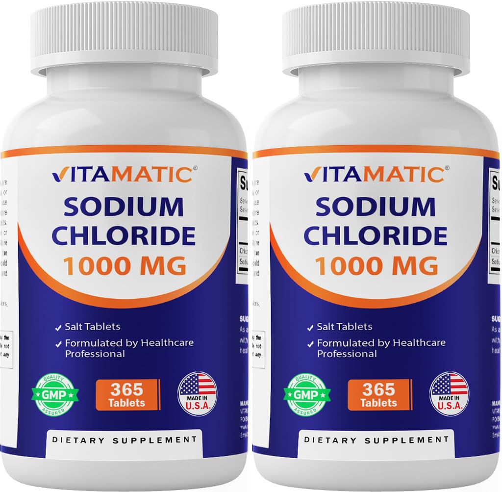Vitamatic Νάτριο Χλωριούχο 1000mg – 365 Δισκία -2 Φιάλες Ηλεκτρολυτικό Πλαστικό & Ενυδάτωση Υποστήριξη – Μη ΓΤΟ, Χωρίς Γλουτένη