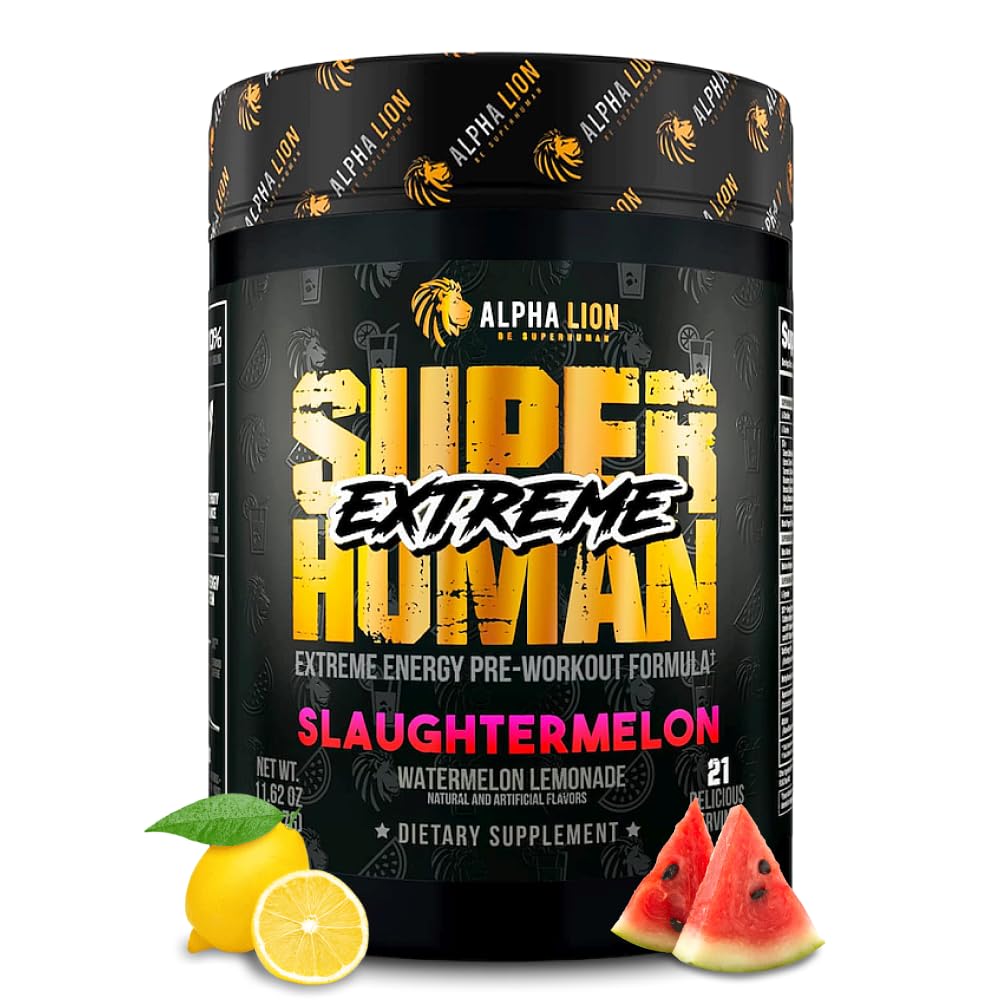 ALPHA LION Superhuman Extreme High Stim Pre Workout Powder, Beta Alanine, L-Taurine & 356mg Tri-Πηγή καφεΐνη για Παρατεταμένη Ενέργεια, Nitric Oxide & Κιτρουλλίνη για Αντλία (21 Σερβίρεις, Σφαγήμελον)