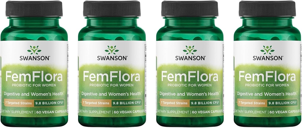 Swanson FemFlora - Feminine Probiotic Supplement Υποστήριξη Φλόρα του Στόματος, GI Tract, και Vagina - Προβιοτικά για γυναίκες με 9 δισεκατομμύρια CFU ανά κάψουλα - (60 κάψουλες) (4 Συσκευασία)