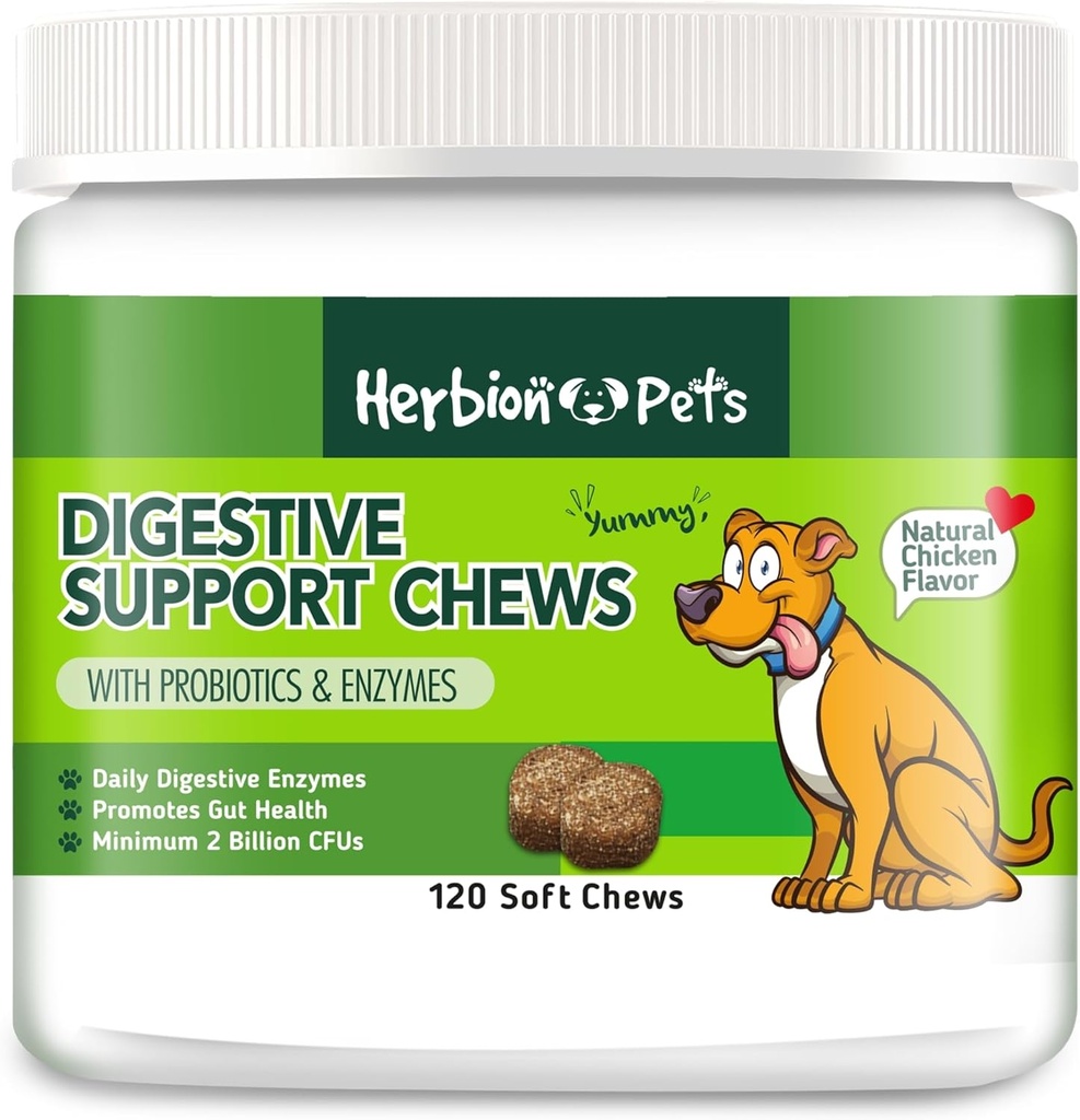 Herbion Pets Digestive Support Chews with Probiotics & Enzymes, 120 Soft Chews, with Daily Digestive Enzymes, for βελτιωμένη υγεία των ούλων, minimum 2 Billion CFUs, Made in USA for Dogs 12 Weeks+, Pack 1