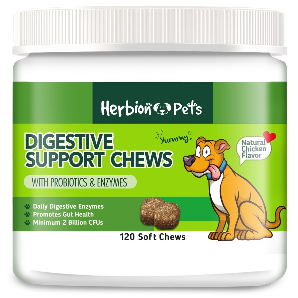 Herbion Pets Digestive Support Chews with Probiotics & Enzymes, 120 Soft Chews, with Daily Digestive Enzymes, for Improved Gut Health, Minimum 2 Billion CFUs, Made in USA for Dogs 12 Weeks+, Pack 1