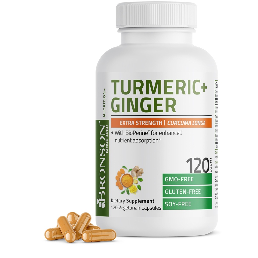 Bronson Turmeric + Ginger Επιπλέον υποστήριξη κοινής υγείας & πέψης με BioPerine, μη ΓΤΟ, 120 κάψουλες χορτοφάγων