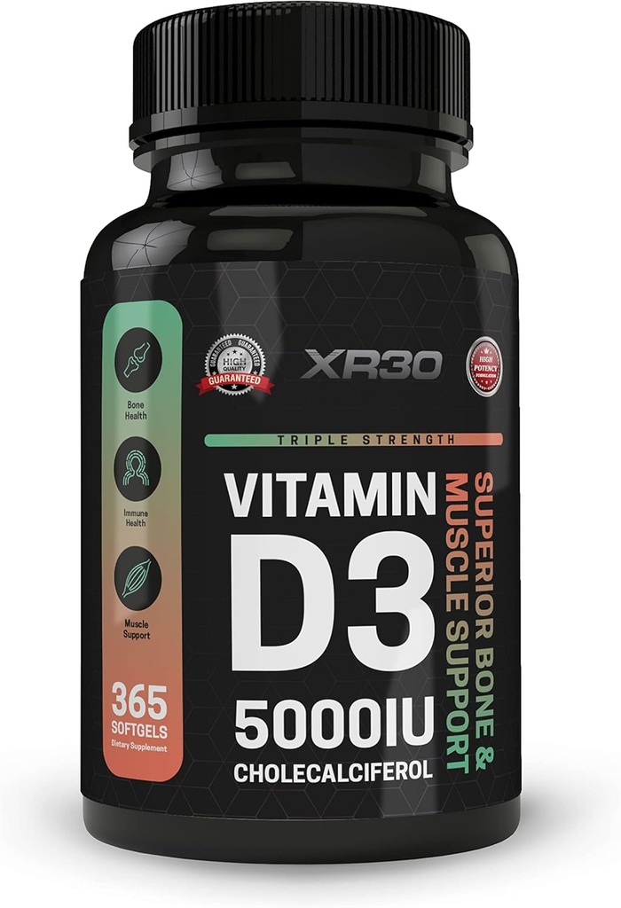 Βιταμίνη D3 5000IU Χοληκαλσιφερόλη - Superior Bone & Muscle Support - 365 Softgels - Made in USA