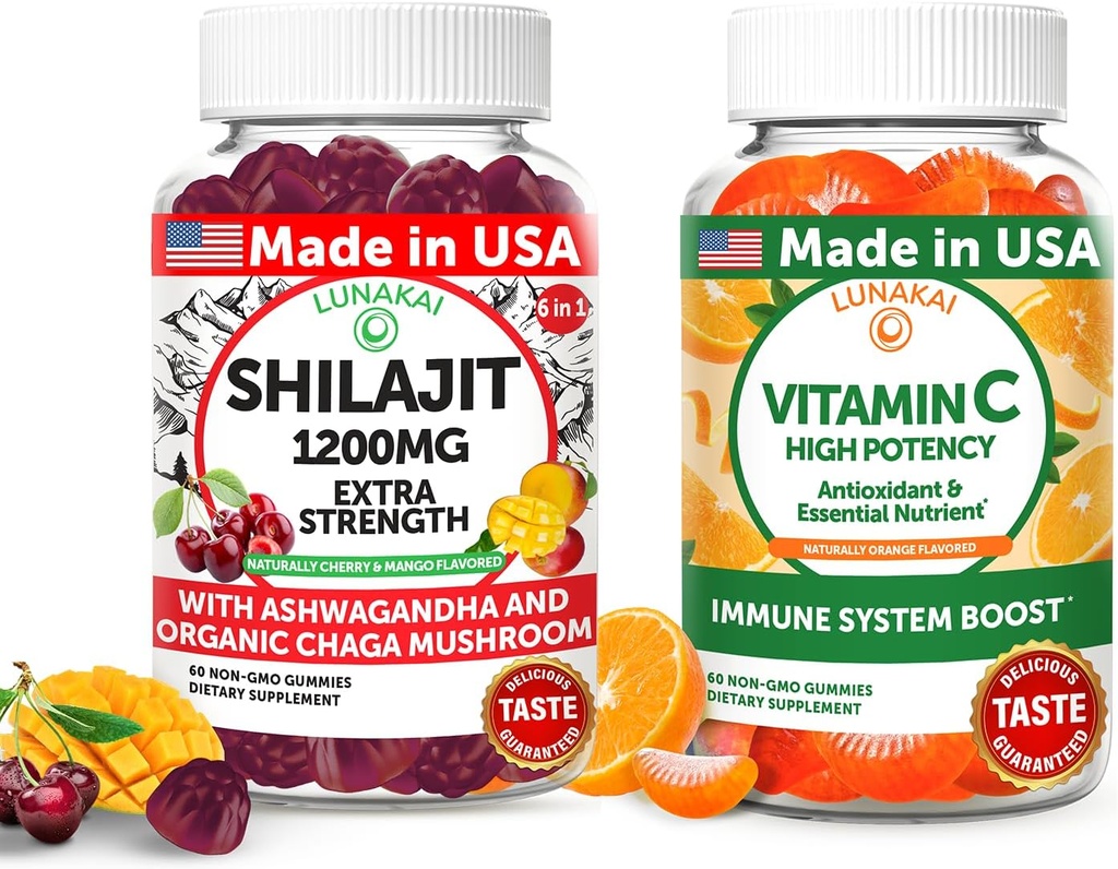 Lunakai USA Made Shilajit & Vitamin C Υψηλής ισχύος Gummies Bundle – Ενέργεια και ανοσοποιητική υποστήριξη – Μη ΓΤΟ & Νοστιμότατο