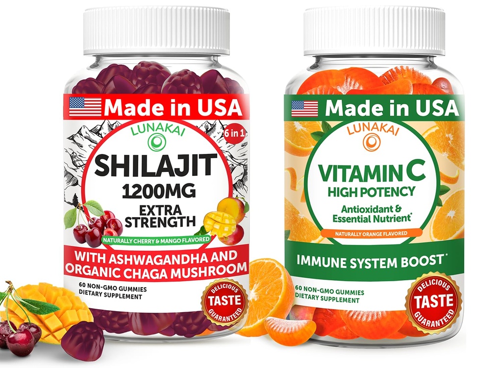 Lunakai USA Made Shilajit & Vitamin C Υψηλής ισχύος Gummies Bundle – Ενέργεια και ανοσοποιητική υποστήριξη – Μη ΓΤΟ & Νοστιμότατο