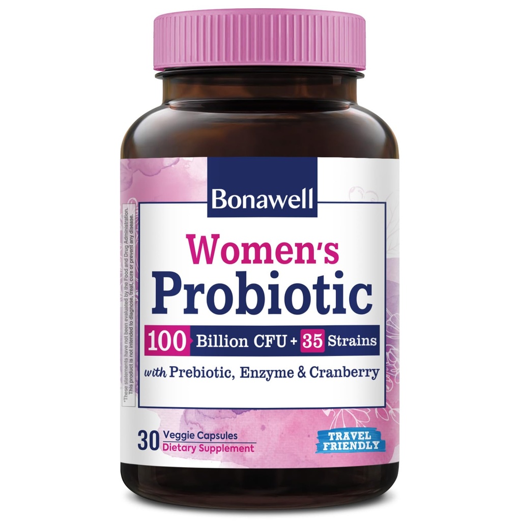 Bonawell Probiotics για τις γυναίκες 100B, με προβιοτικά, Digestive Ένζυμα & Βιολογικό Κράνμπερι για τη γυναικεία Κολπική Υγεία, Διέγερση & Ανοσία, Ράφι-Σταθερό, Καθυστερημένη-Αφαίρεση, 30 Veggie Caps