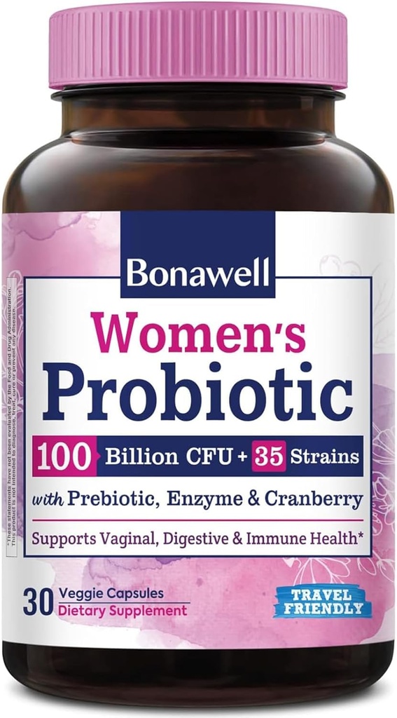 Bonawell Probiotics για τις γυναίκες 100B, με προβιοτικά, Digestive Ένζυμα & Βιολογικό Κράνμπερι για τη γυναικεία Κολπική Υγεία, Διέγερση & Ανοσία, Ράφι-Σταθερό, Καθυστερημένη-Αφαίρεση, 30 Veggie Caps