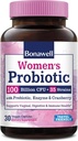 Bonawell Probiotics για τις γυναίκες 100B, με προβιοτικά, Digestive Ένζυμα & Βιολογικό Κράνμπερι για τη γυναικεία Κολπική Υγεία, Διέγερση & Ανοσία, Ράφι-Σταθερό, Καθυστερημένη-Αφαίρεση, 30 Veggie Caps