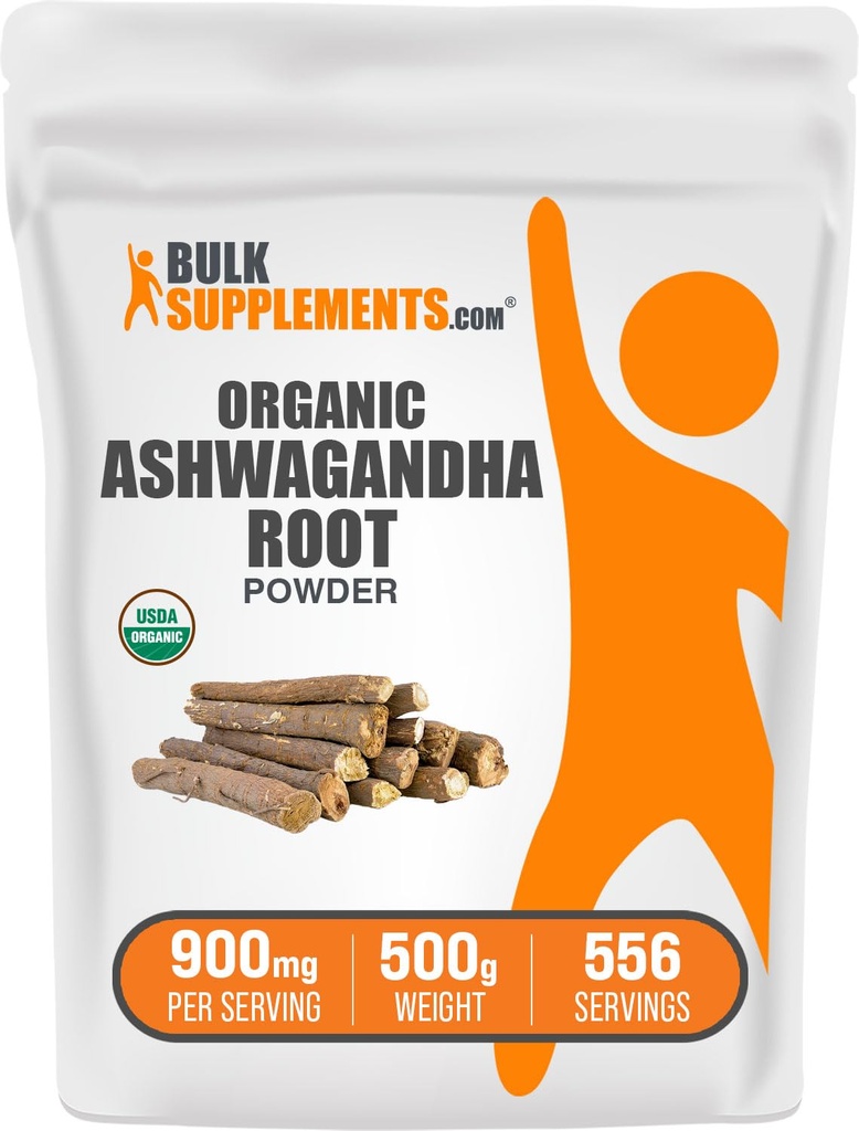 BulkSupplements.com Βιολογική σκόνη Ashwagandha - Βιολογικά συμπληρώματα Ashwagandha, που προέρχονται από ρίζα Ashwagandha - Χωρίς γλουτένη, 2g ανά υπηρεσία, 500g (1.1 lbs) (πακέτο των 1)