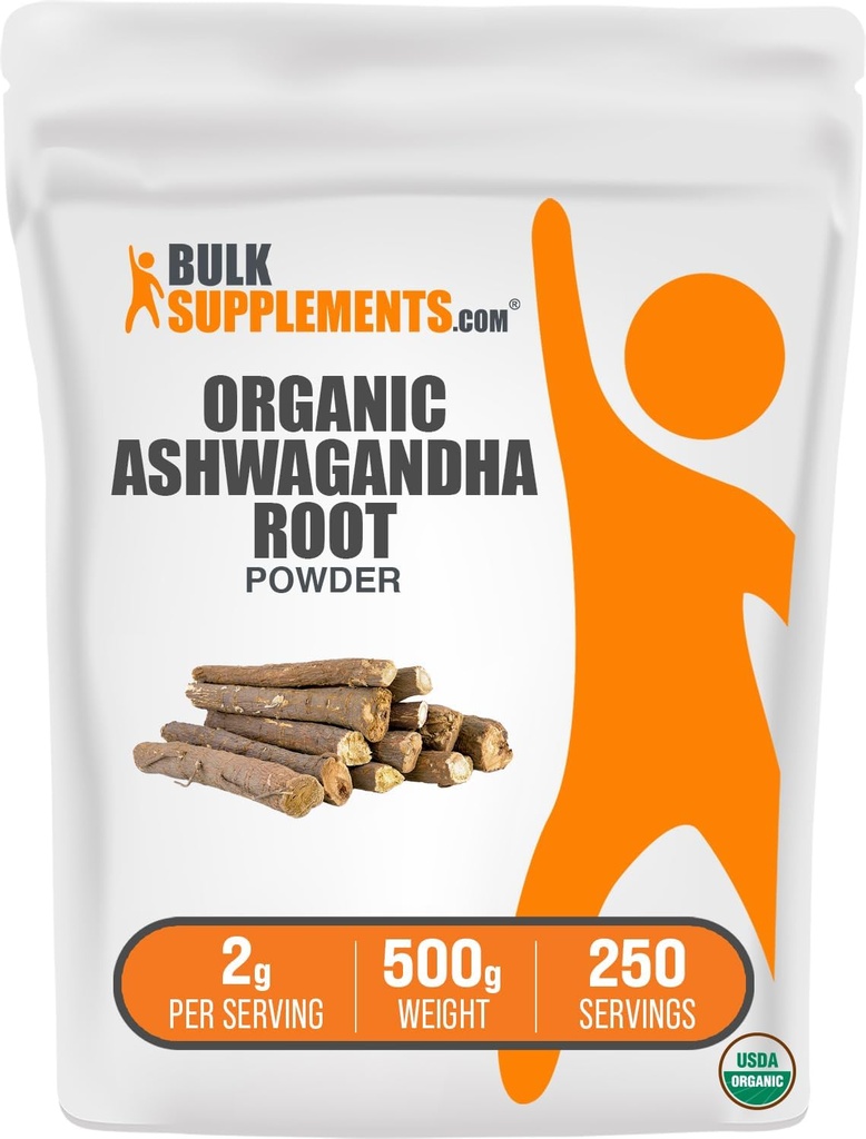 BulkSupplements.com Organic Ashwagandha Powder - Organic Ashwagandha Supplements, Sourced from Ashwagandha Root - Gluten Free, 2g per Serving, 500g (1.1 lbs) (Pack of 1)