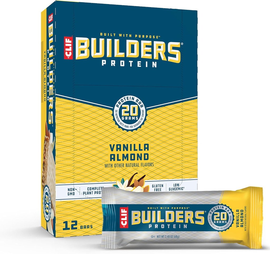 CLIF BUILDERS Protein Bars - Vanilla Almond Flavor - 20g Πρωτεΐνη με βάση το φυτό - Χωρίς γλουτένη - Μη ΓΤΟ - Χαμηλή Γλυκαιμική - Χωρίς Τεχνητά γλυκαντικά - 2.4 oz. (12 Pack)
