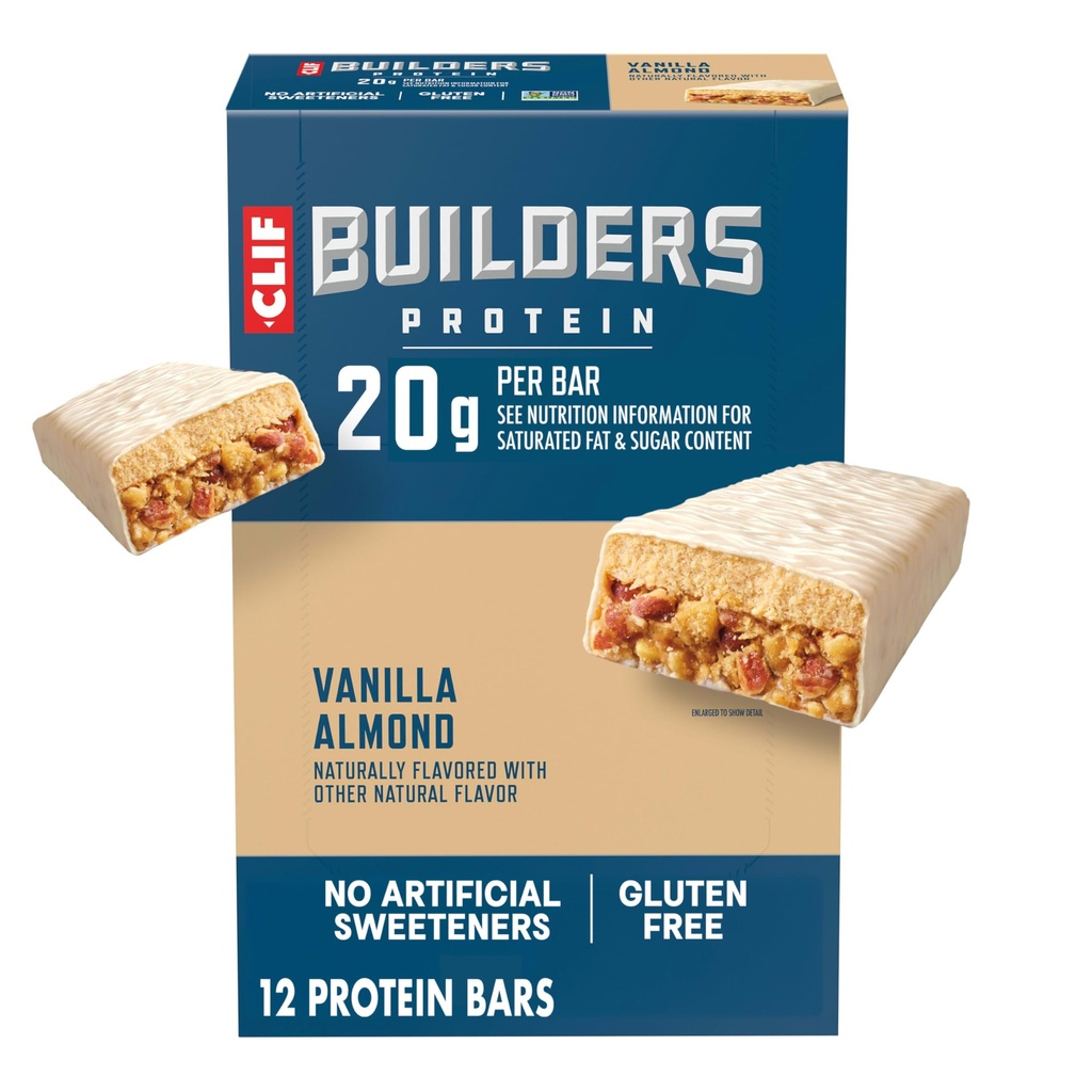 CLIF BUILDERS Protein Bars - Vanilla Almond Flavor - 20g Πρωτεΐνη με βάση το φυτό - Χωρίς γλουτένη - Μη ΓΤΟ - Χαμηλή Γλυκαιμική - Χωρίς Τεχνητά γλυκαντικά - 2.4 oz. (12 Pack)