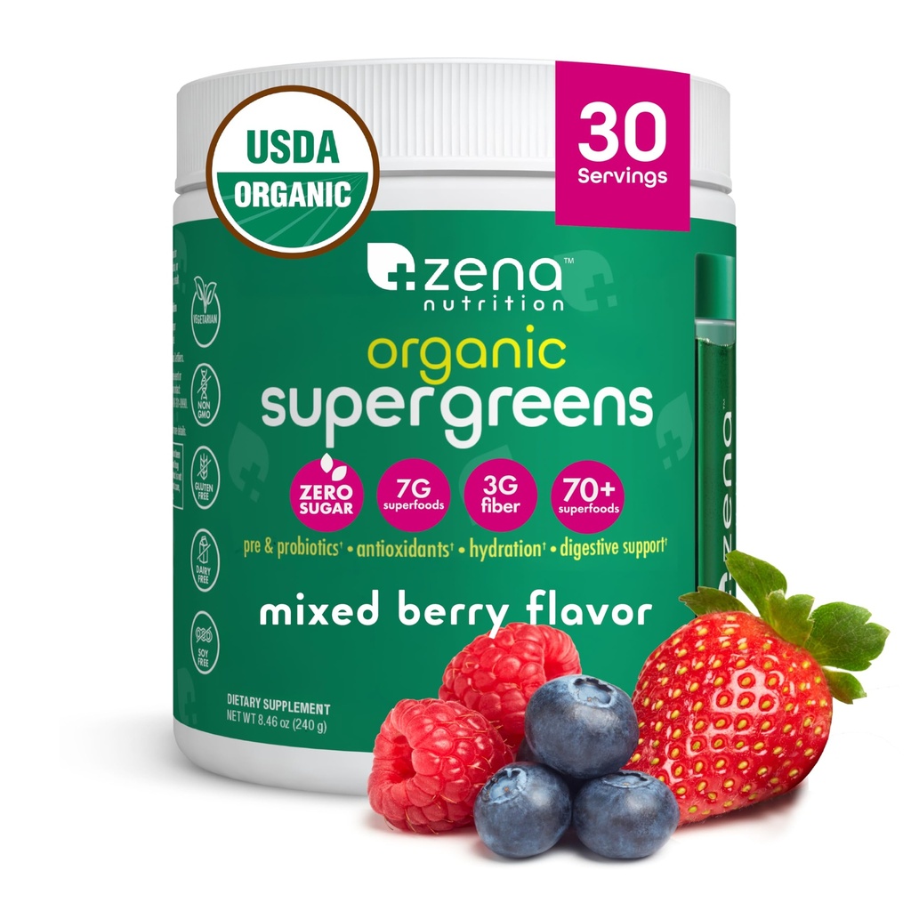 Zena Nutrition Organic Super Greens Powder, 70+ Superfoods, 0 Ζάχαρη, 3G Fiber, Spirulina, Chlorella, Αντιοξειδωτικά, Προβιοτικά/Προβιοτικά, Digestive Ένζυμα, Μικτό μούρο, 30 Μερίδες