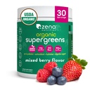Zena Nutrition Organic Super Greens Powder, 70+ Superfoods, 0 Ζάχαρη, 3G Fiber, Spirulina, Chlorella, Αντιοξειδωτικά, Προβιοτικά/Προβιοτικά, Digestive Ένζυμα, Μικτό μούρο, 30 Μερίδες