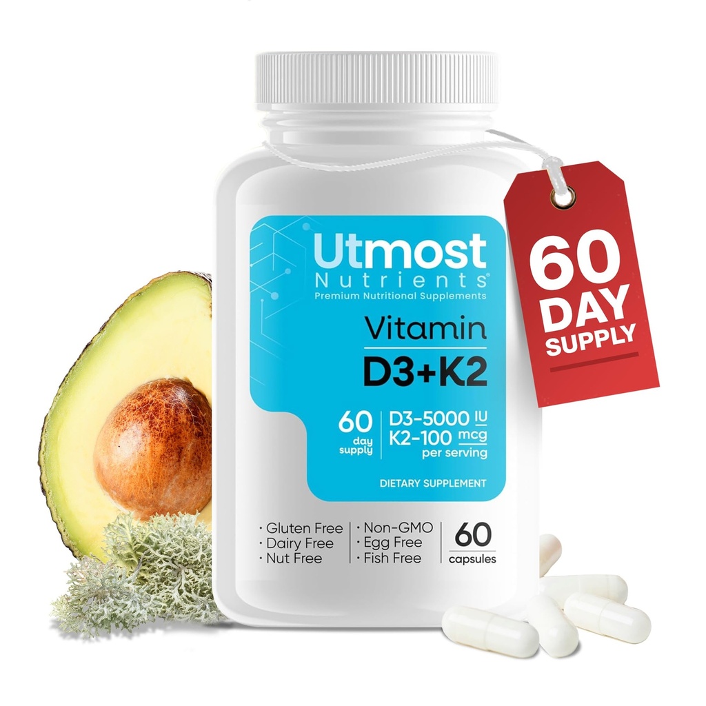 Βιταμίνη D3 με K2-5000iu Vitamin D και 100 mcg Vitamin K συμπλήρωμα σε μία κάψουλα για μέγιστη βιοδιαθεσιμότητα - Ενισχύει την Απορρόφηση Ασβεστίου για την Καρδιαγγειακή, Ανοσοποιητική και Οστική Υγεία (60 Κάψουλες)