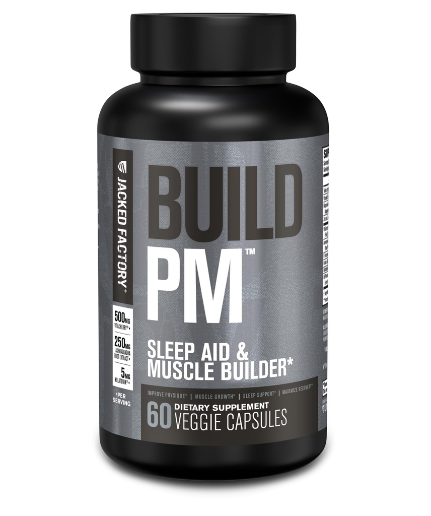 Jacked Factory Build PM Night Time Muscle Builder & Sleep Aid - Post Workout Recovery & Sleep Support Supplement w/VitaCherry Tart Cherry, Ashwagandha, & Melatonin - 60 Φυσικά χάπια Veggie