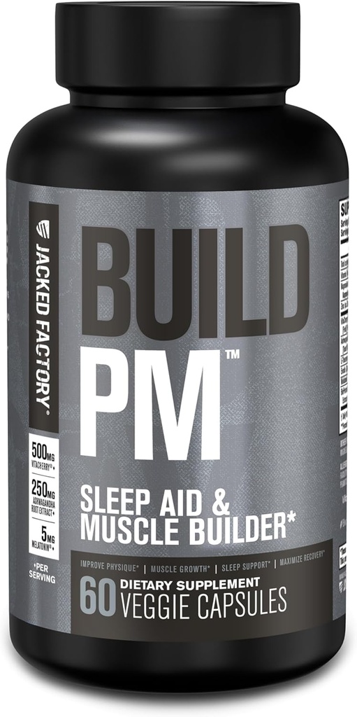 Jacked Factory Build PM Night Time Muscle Builder & Sleep Aid - Post Workout Recovery & Sleep Support Supplement w/VitaCherry Tart Cherry, Ashwagandha, & Melatonin - 60 Φυσικά χάπια Veggie