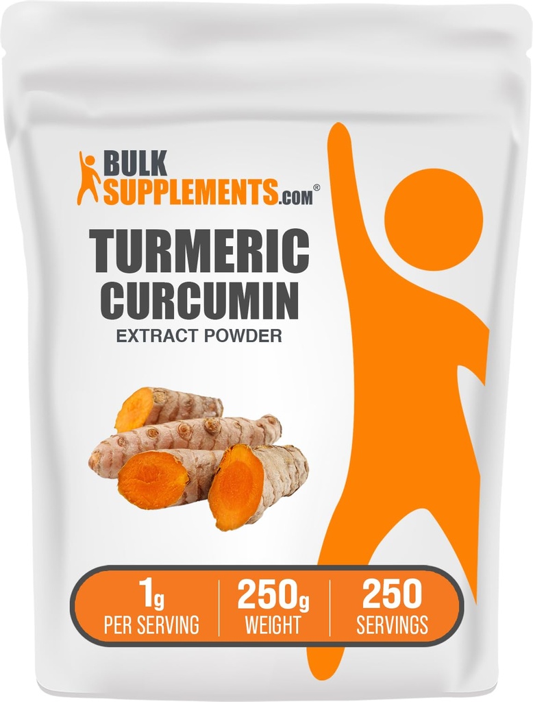 BulkSupplements.com Turmeric Extract Powder - από Turmeric Root, Συμπληρώματα κουρκουμίνης, Turmeric Curcumin Powder - Χωρίς γλουτένη, 1g ανά Σερβίρισμα, 250g (8,8 oz) (Συσκευή του 1)