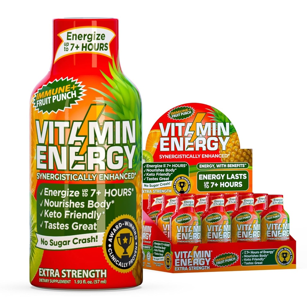 Vitamin Energy Immune+ Extra Strength Energy Shot Fruit Punch 12 Pack, 260mg Natural Caffeine, B-Vitamins, Citicoline, Green Tea, Immunity & Focus Support, Zero Sugar, Gluten-Free 1.93 fl oz