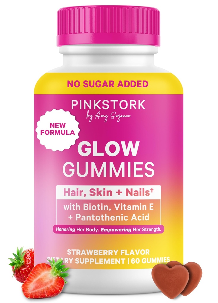 Pink Stork Total Glow Gummies για τις γυναίκες – Hair, Skin & Nails Βιταμίνη με Βιοτίνη, Βιταμίνη Α, Β6, Β12, Folate, Zinc & More – Υποστήριξη για το Radiant Skin, Strong Nails, and Healthy Hair – 60 Berry Gummies