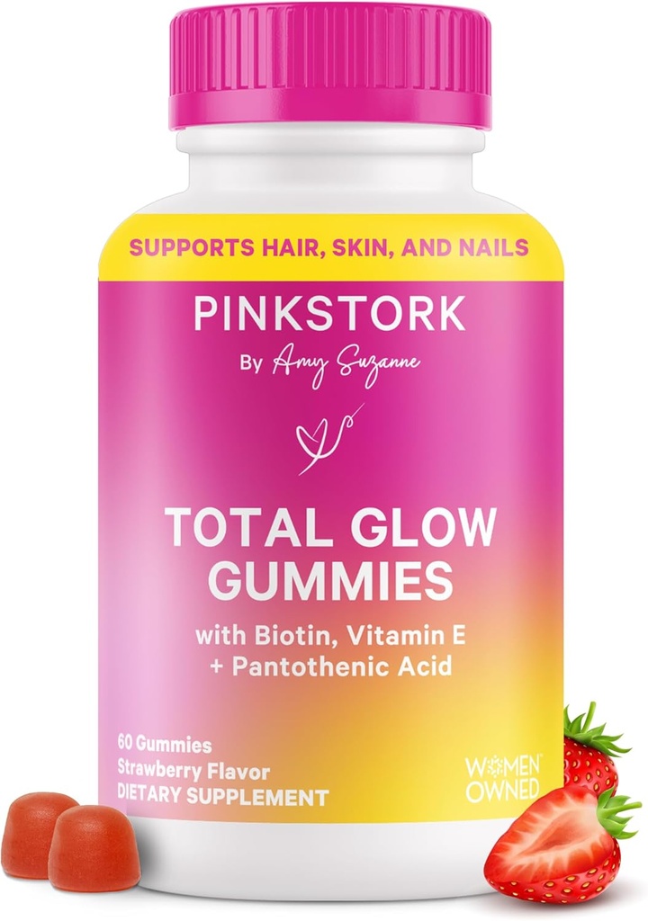 Pink Stork Total Glow Gummies για τις γυναίκες – Hair, Skin & Nails Βιταμίνη με Βιοτίνη, Βιταμίνη Α, Β6, Β12, Folate, Zinc & More – Υποστήριξη για το Radiant Skin, Strong Nails, and Healthy Hair – 60 Berry Gummies