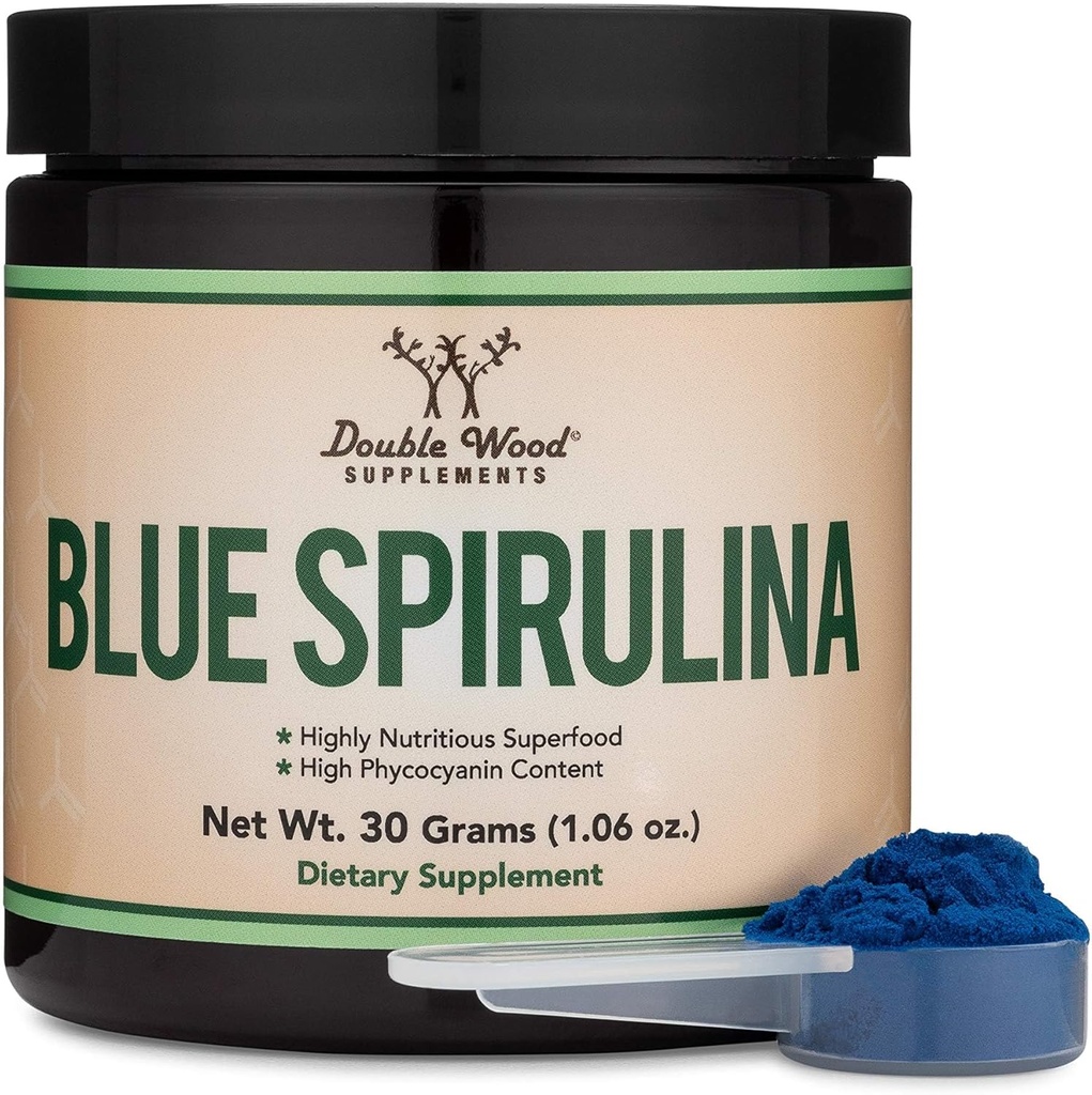 Blue Spirulina Powder - Μέγιστο 35% Phycocyanin Περιεχόμενο, Superfood Powder from Blue-Green Algae, Αναμιγνύεται σε Smoothies και Protein Drinks, Plant Food Coloring (One Month Supply) by Double Wood