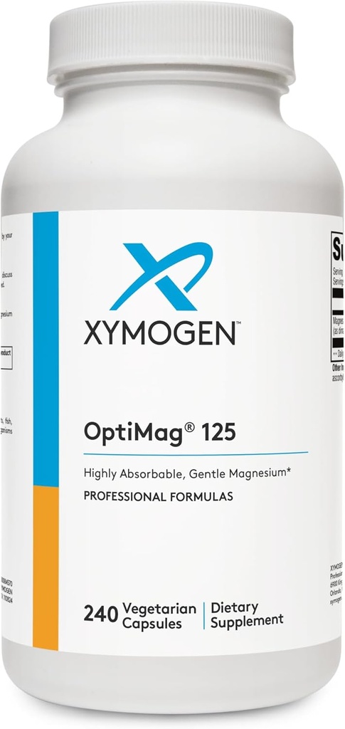 XYMOGEN OptiMag 125 - Συμπλήρωμα μαγνησίου με Di-Magnesium Malate & Γλυκινικό Λυσιακό για την υποστήριξη των νεύρων, των μυών, την υγεία των οστών + την υγεία της καρδιάς (240 κάψουλες)
