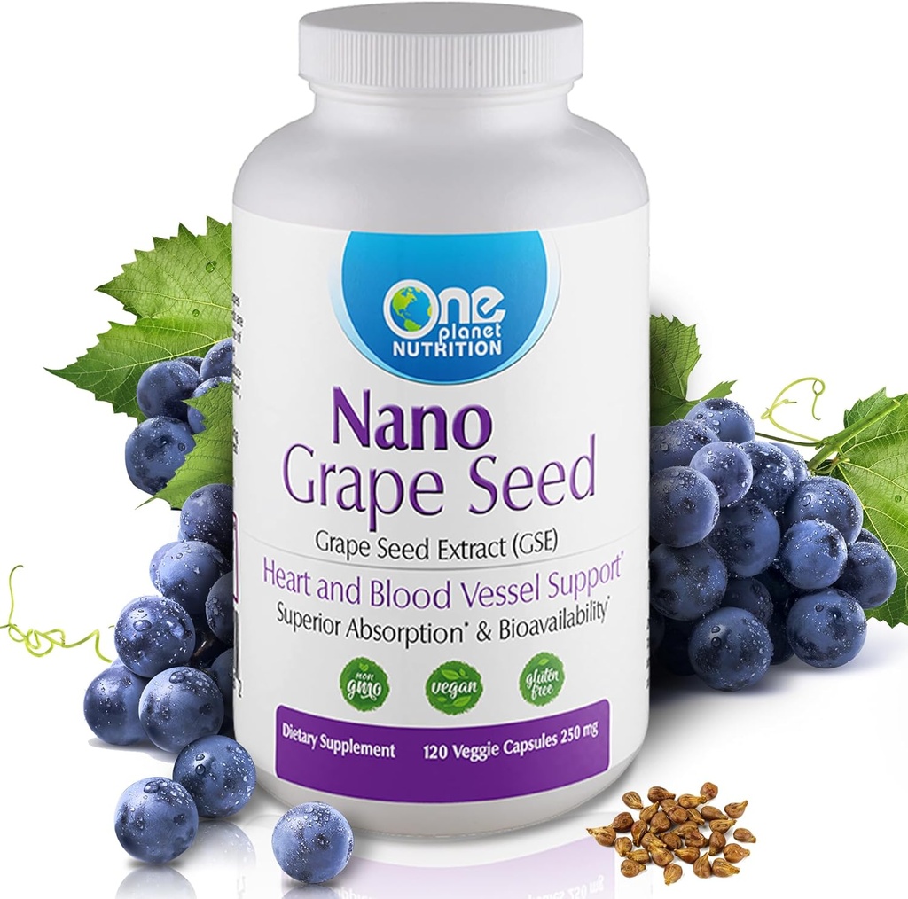 One Planet Nutrition Nano Grape Seed Extract 250 mg Veggie Capsules (120 Servings), Nano for Enhanced Absorption, Supports Antioxidant Health for Vascular Health, Non-GMO, Vegan, Gluten Free