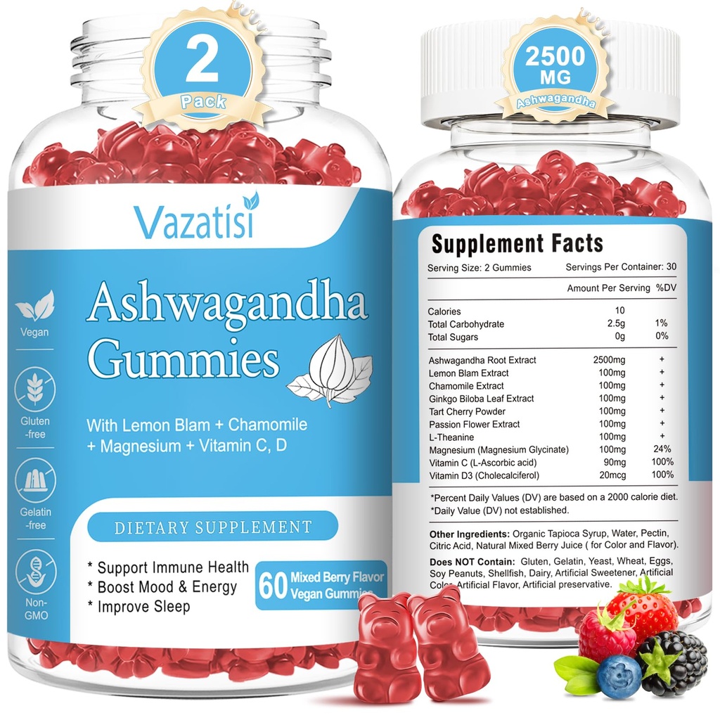 2 Πακέτο Ashwagandha Gummies για γυναίκες άνδρες, ζάχαρη χωρίς οργανικές Ashwagandha Gummies συμπλήρωμα για χαλάρωση αποκατάσταση ισορροπίας, Vegan Gluten Free, 120 Count