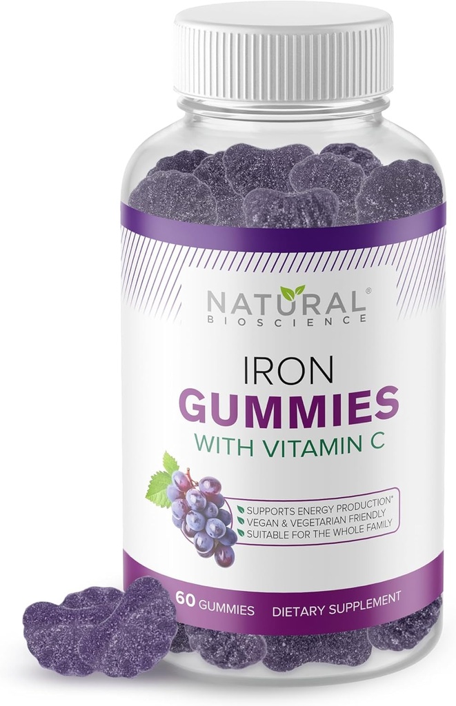 Iron Gummies with Vitamin C - Μασώμενο συμπλήρωμα σιδήρου για ενήλικες & παιδιά, Αναιμία σιδήρου, υποστήριξη ερυθρών κυττάρων αίματος, ενέργεια, λειτουργία ανοσοποιητικών, υγεία του εγκεφάλου, μέγιστη απορρόφηση, 60 Vegan Gummies