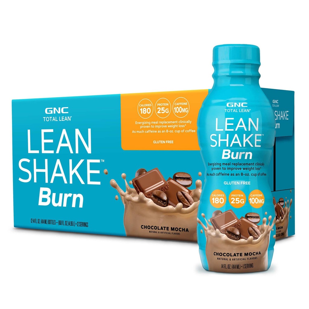GNC Lean Shake Burn Με καφεΐνη, Αντικατάσταση γεύματος, Μόκα σοκολάτας, 25g πρωτεΐνη, Κλινική Αποδεδειγμένη Διαχείριση Βάρος, Έτοιμη για Ποτό, Μηδέν Προστιθέμενη Ζάχαρη, 14 oz μπουκάλια, Συσκευασία των 12