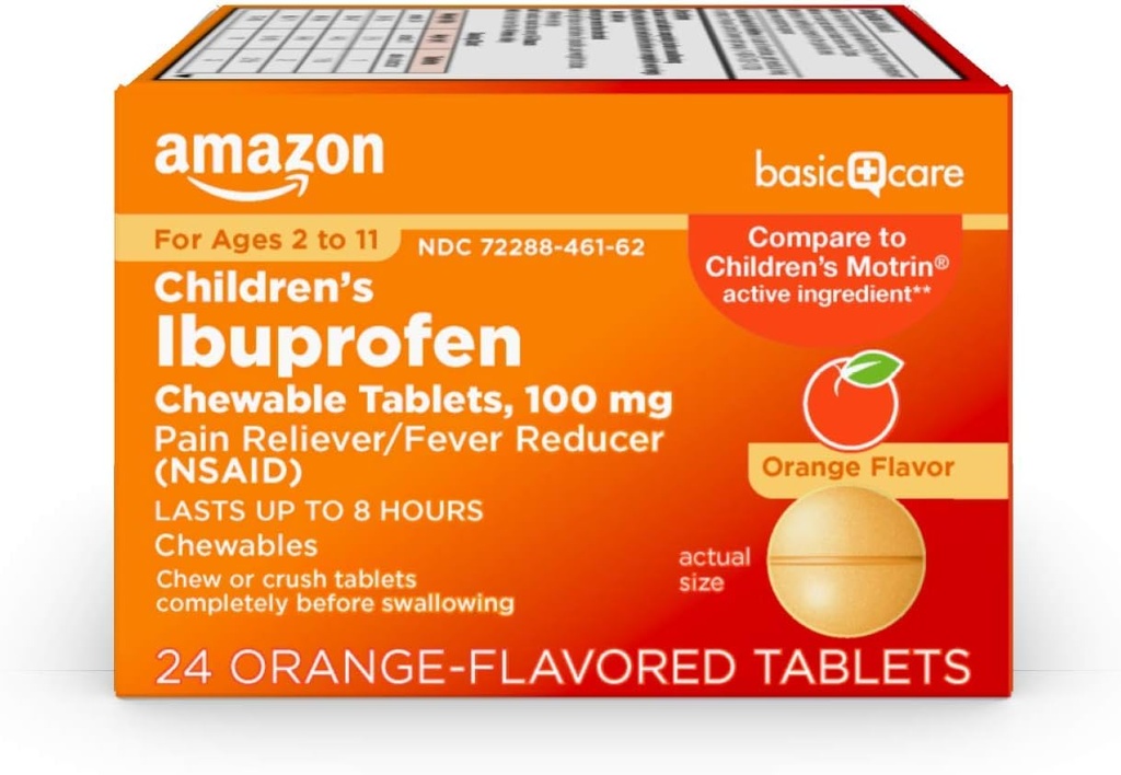   Basic Care Children's Ibuprofen Chewable Tablets, 100 mg, Pain Reliever and Fever Reducer, Orange Flavor, For Aches, Pains, Sore Throat, Toothache and Headache Relief, 24 Count