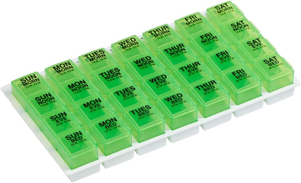 Ezy Dose Weekly (7-Day) Pill Organizer, Vitamin and Medicine Box, Large Pop-Out Compartments, 4 Times a Day, Green