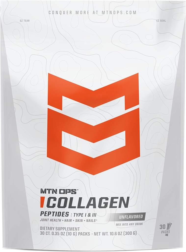 MTN OPS Collagen Protein Powder On-The-Go Packs, 30 Packs per Bag of Unflavored, Highly Digestible Protein with 9g of Protein per Serving