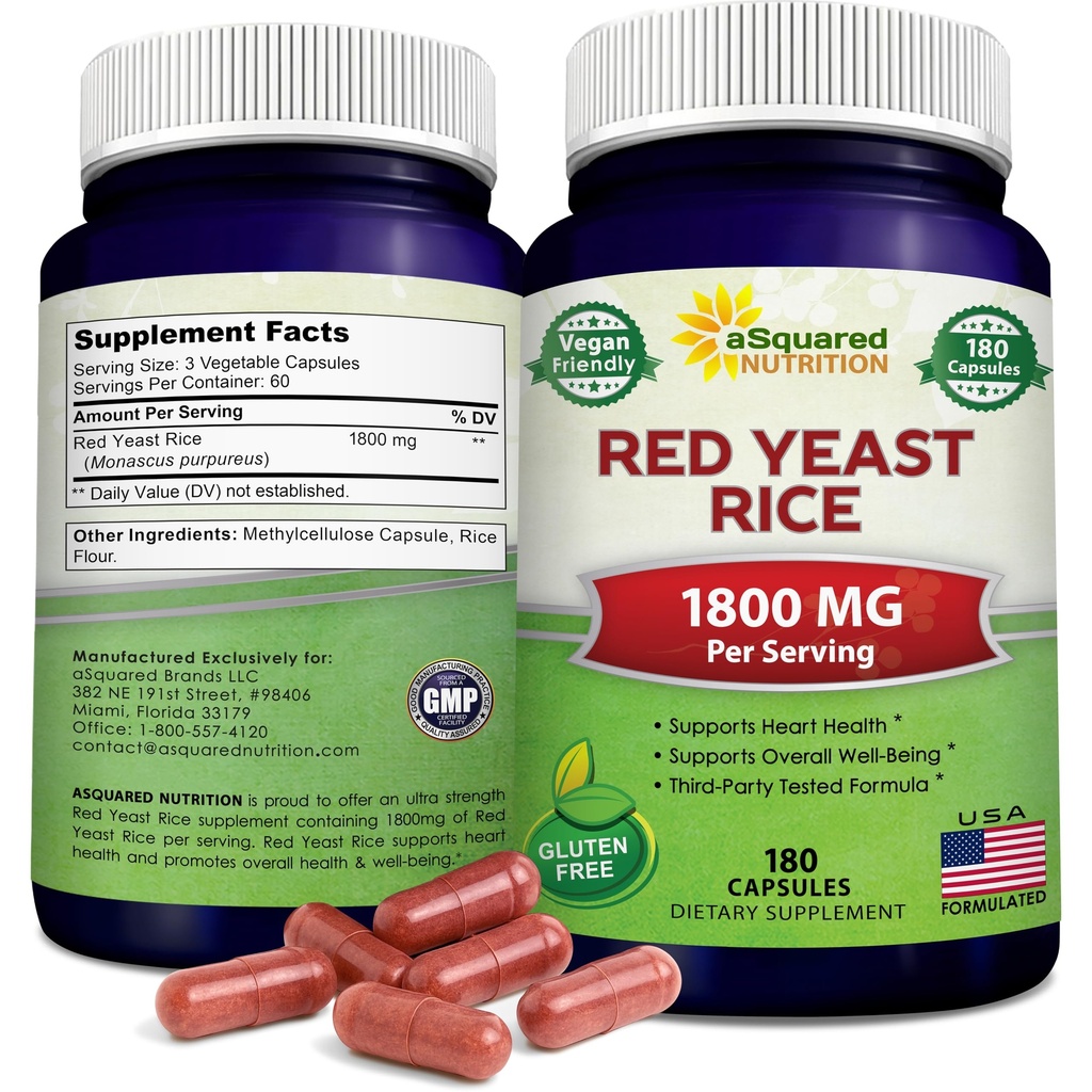 aSquared Nutrition Red Yeast Rice 1800mg - Συμπλήρωμα διατροφής χάπια σκόνης Vegan για την υποστήριξη της καρδιοαγγειακής υγείας - 180 κάψουλες λαχανικών