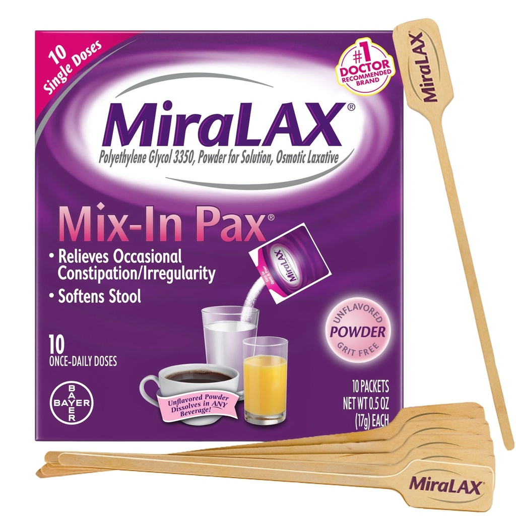MiraLAX Απαλή δυσκοιλιότητα Λαξευτική σκόνη ανακούφισης, Αποσκληρυντής σκακιέρας με PEG 3350, Χωρίς σκληρές παρενέργειες, Μία δόση Mix-In Pax με αναμικτικούς αναδευτήρες, Travel Pack, 10 Δόσεις