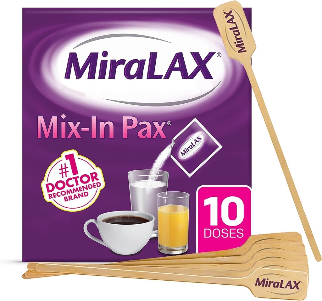 MiraLAX Απαλή δυσκοιλιότητα Λαξευτική σκόνη ανακούφισης, Αποσκληρυντής σκακιέρας με PEG 3350, Χωρίς σκληρές παρενέργειες, Μία δόση Mix-In Pax με αναμικτικούς αναδευτήρες, Travel Pack, 10 Δόσεις