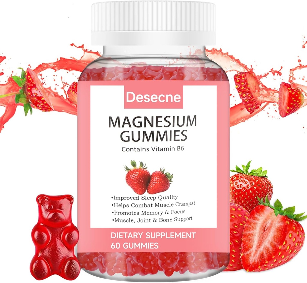 Magnesium Glycinate Gummies for Adults Kids with Vitamin B6, Strawberry Flavor Calm Magnesium Supplement, Magnesium Citrate for Sleep, 60 Gummies per Bottle