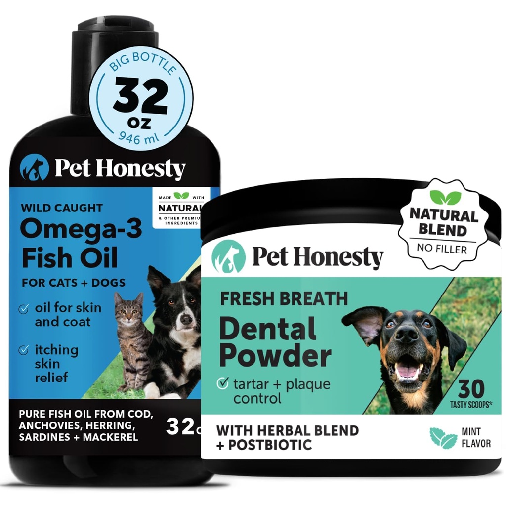 Virtual Bundle Omega-3 Fish Oil for Dogs + Dental Powder for Teeth Cleaning & Plaque Removal, Promotes Healthy Skin, Coat & Immune Support