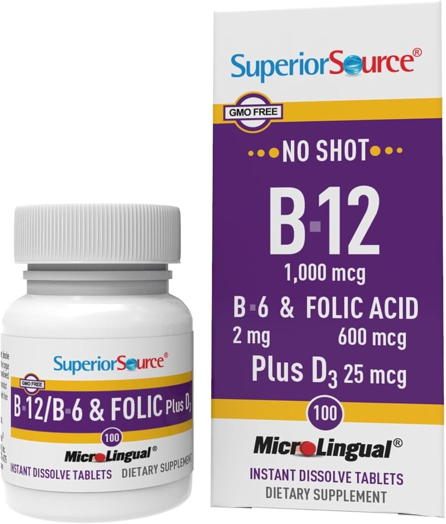Superior Source No Shot Vitamin B-12 Κυανοκοβαλαμίνη 1000 mcg, B-6, Φολικό οξύ & βιταμίνη D-3 1000 IU - Υποστηρίζει την ενέργεια, τον εγκέφαλο, την καρδιά, και την υγεία των οστών - 100 υπογλώσσια δισκία διάλυσης